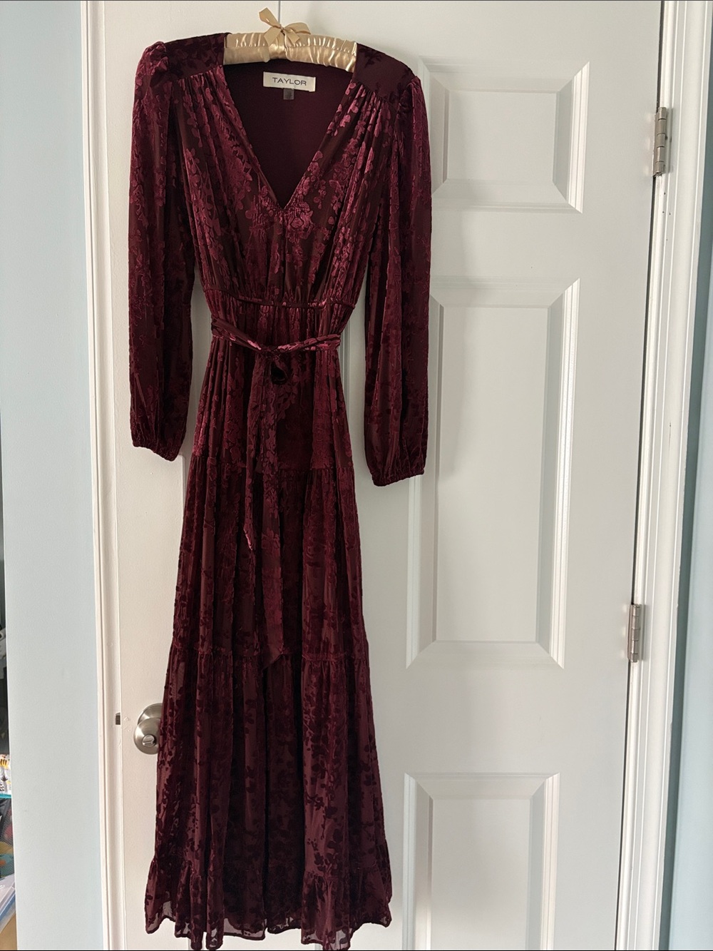 Taylor Burgundy Velvet V-Neck Maxi Dress with Waist Tie